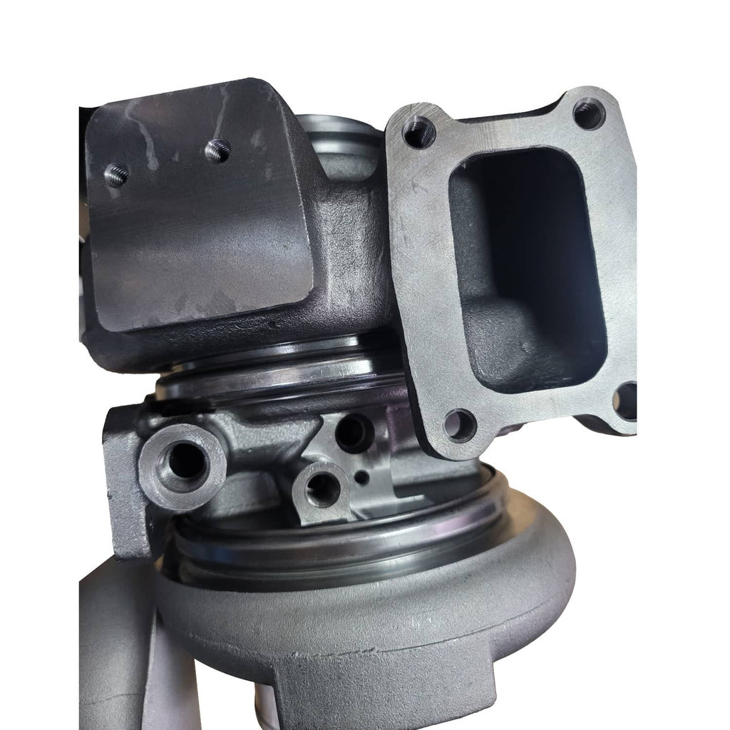 Turbocharger with oil-feeding section and cast inlet housing, angled side view