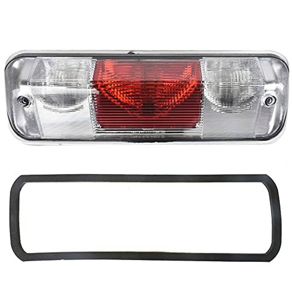 Rear center brake light lamp with clear outer sections and red center lens, chrome housing