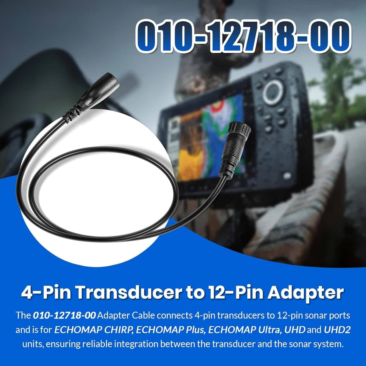 Black transducer adapter cable with 4-pin plug and 12-pin connector