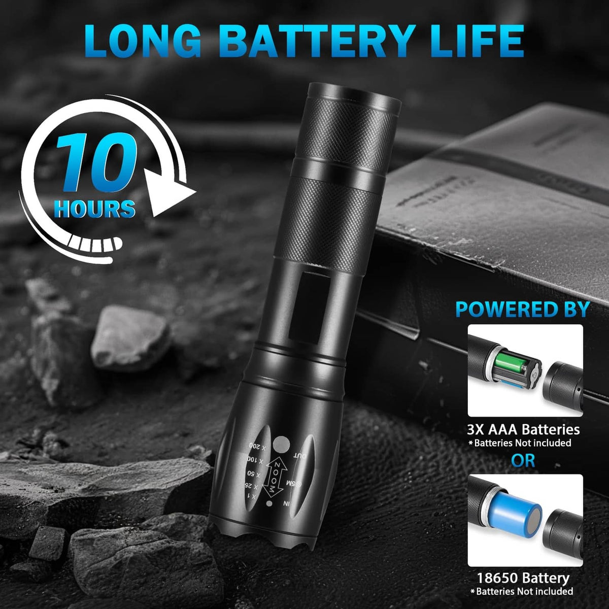 Black LED tactical flashlight standing upright with textured grip and beam emitter