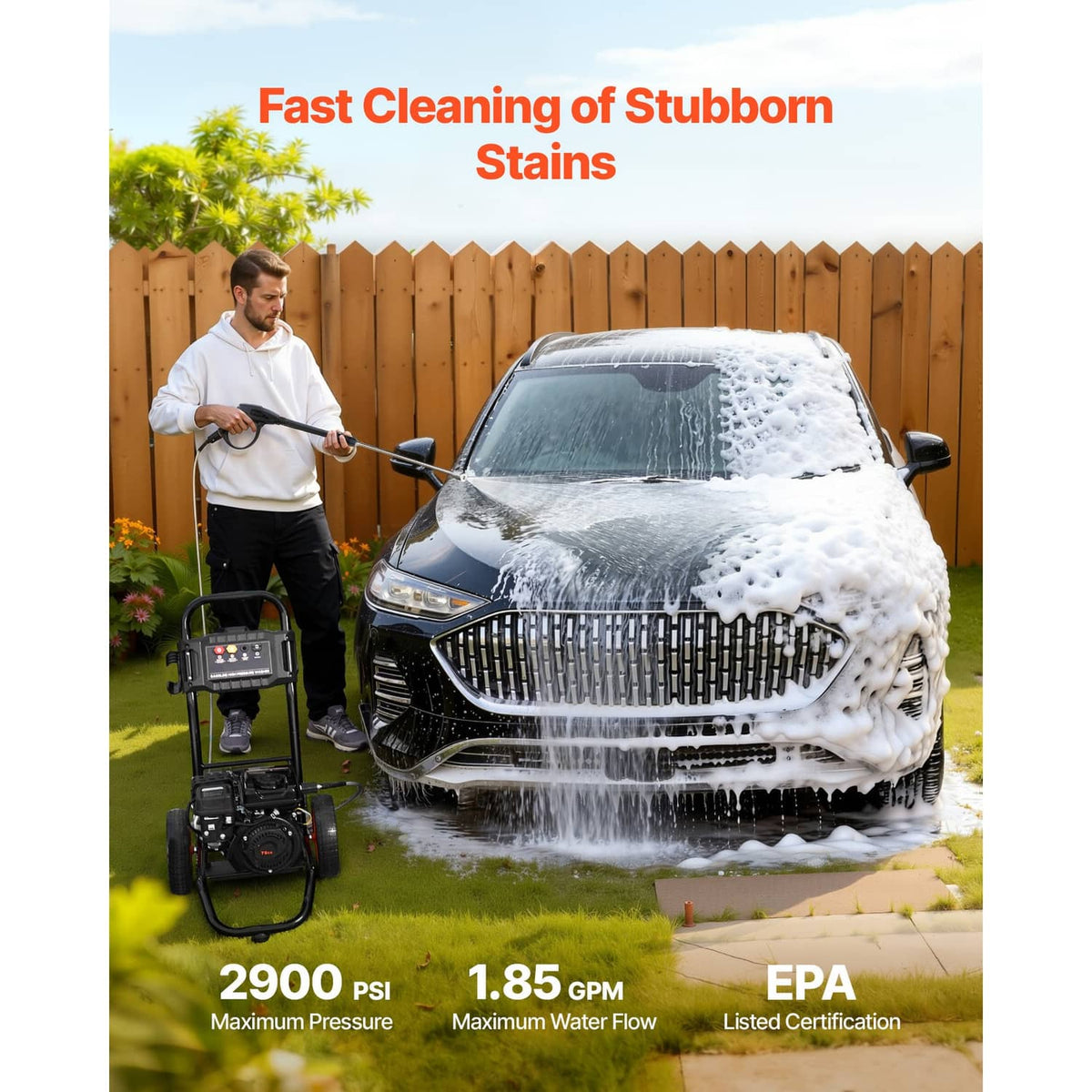 Gas pressure washer spraying foam onto a car hood, with spray wand and hose