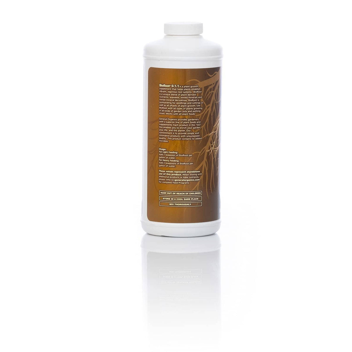 BioRoot plant food bottle, back label text on brown panel, white cap