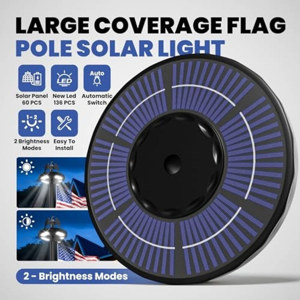 Large round solar light for a flag pole with black housing and eagle finial topper