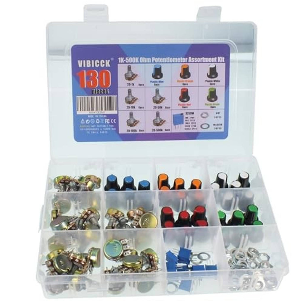 Potentiometer assortment kit in clear open organizer tray with multiple colored parts