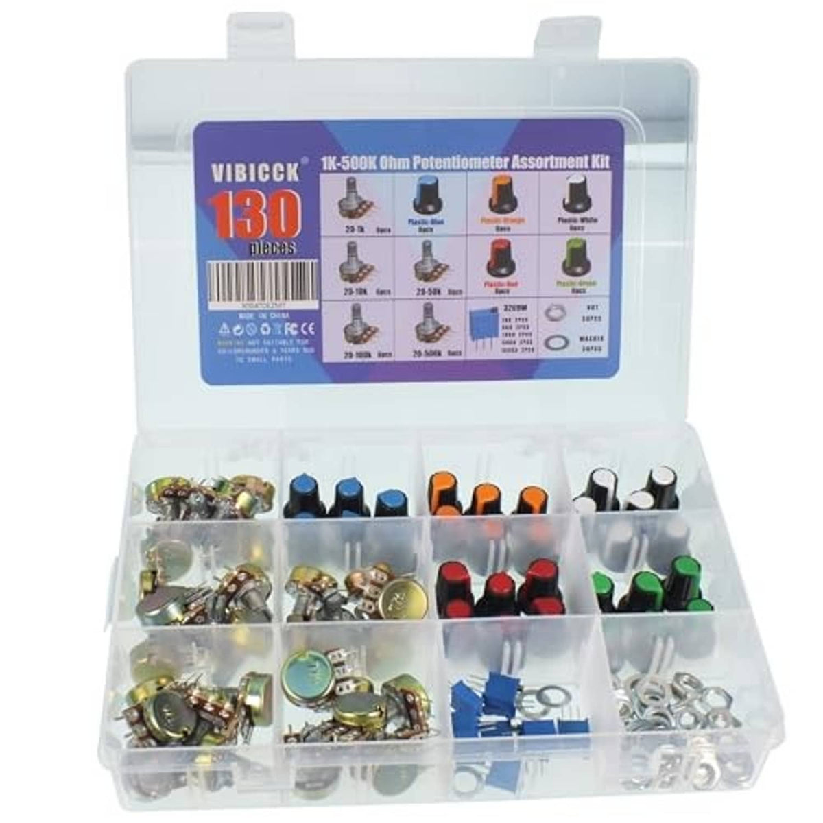 Potentiometer assortment kit in clear open organizer tray with multiple colored parts