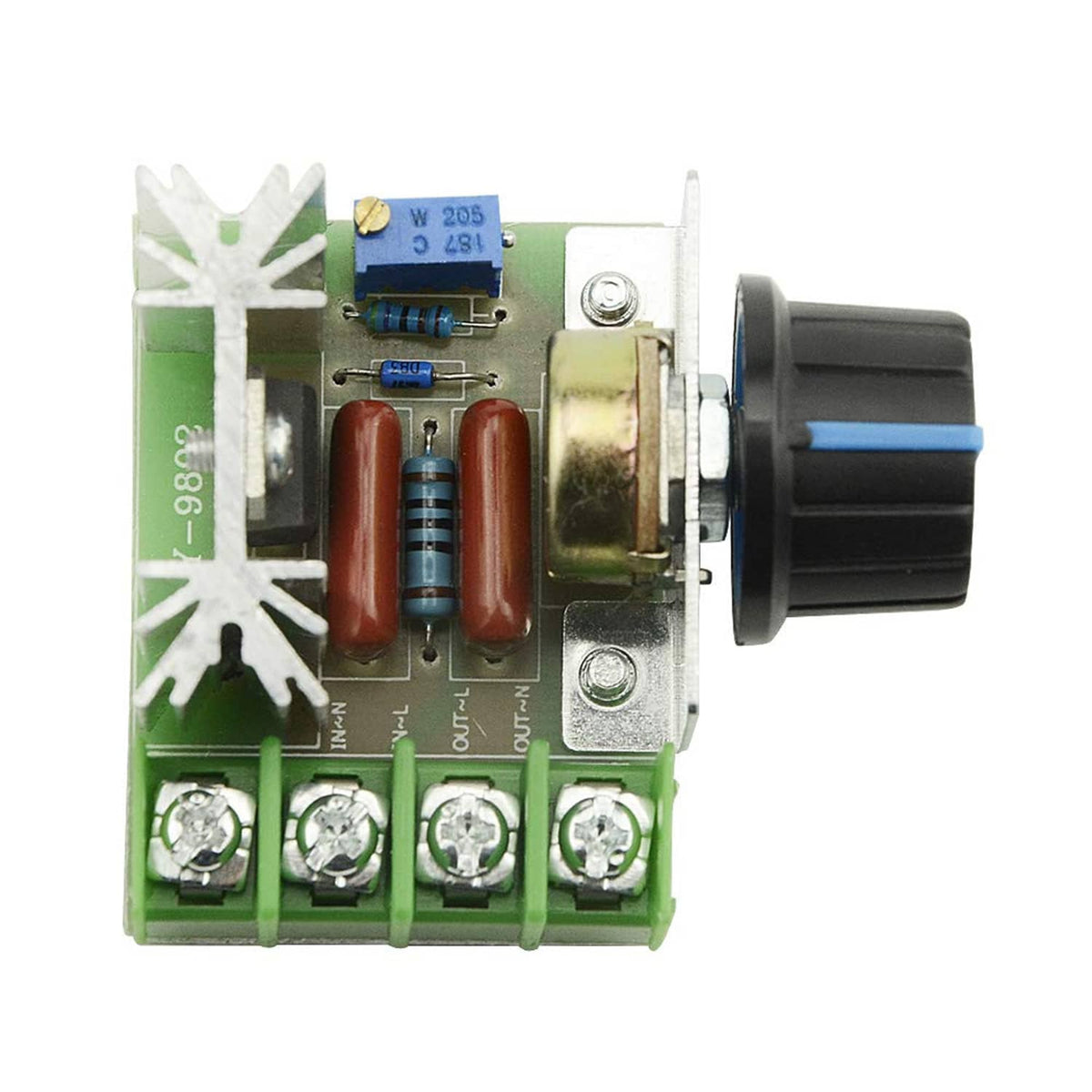 SCR voltage regulator module, green circuit board, brown resistors, black adjustment knob