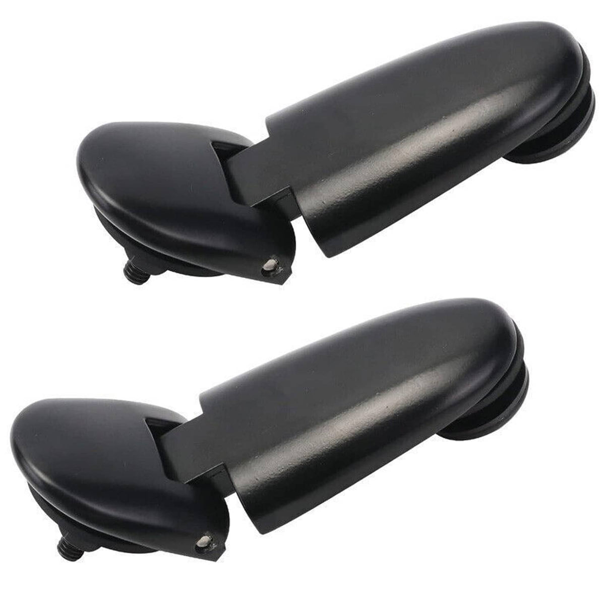 Two black liftgate window hinges with mounting brackets and spring-loaded hinges