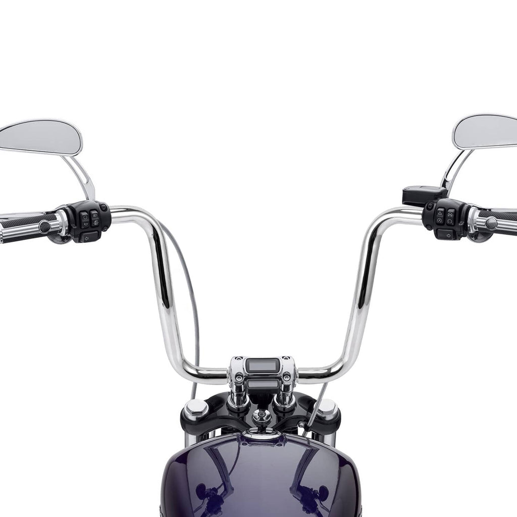 Chrome ape hanger handlebar with controls and riser clamp