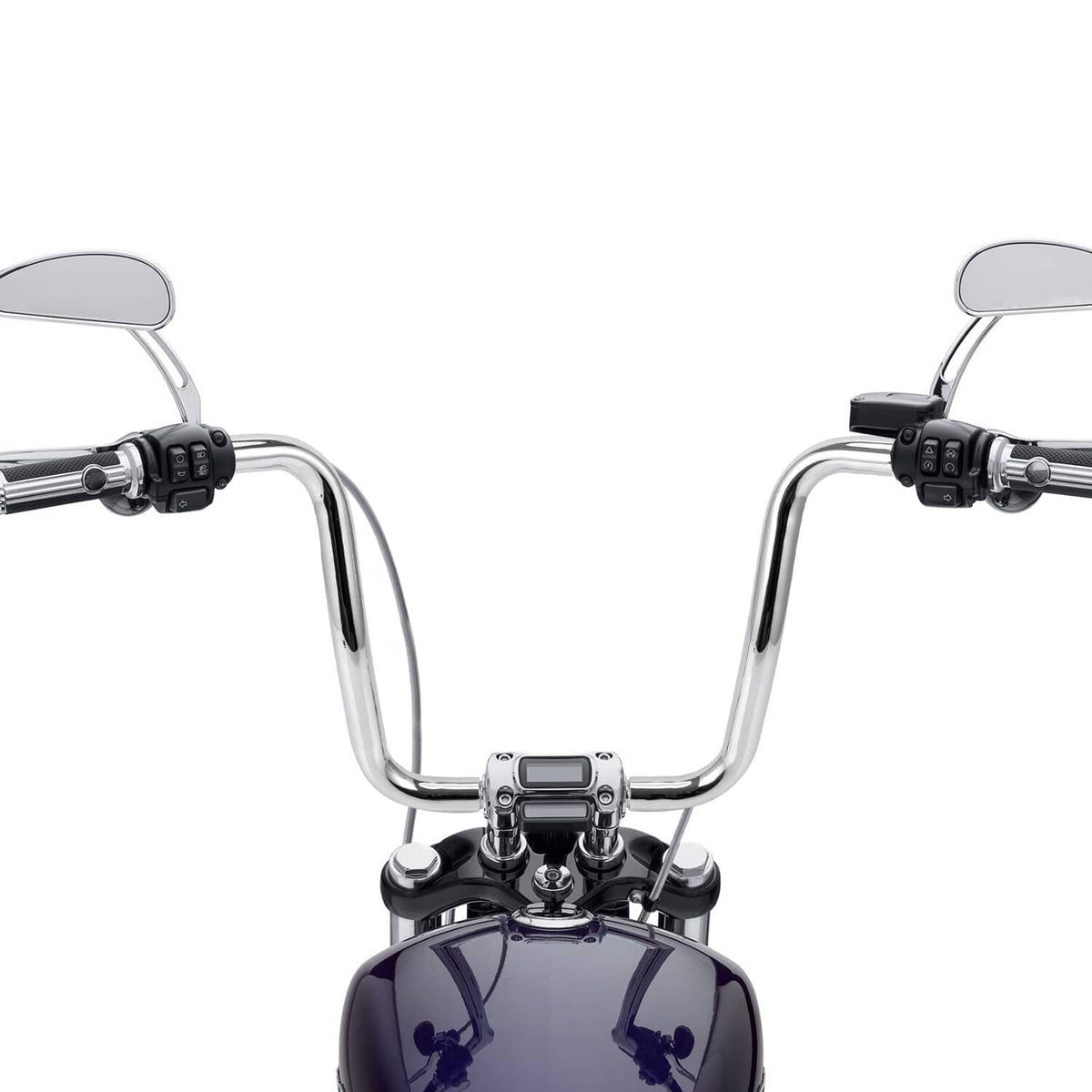 Chrome ape hanger handlebar with controls and riser clamp
