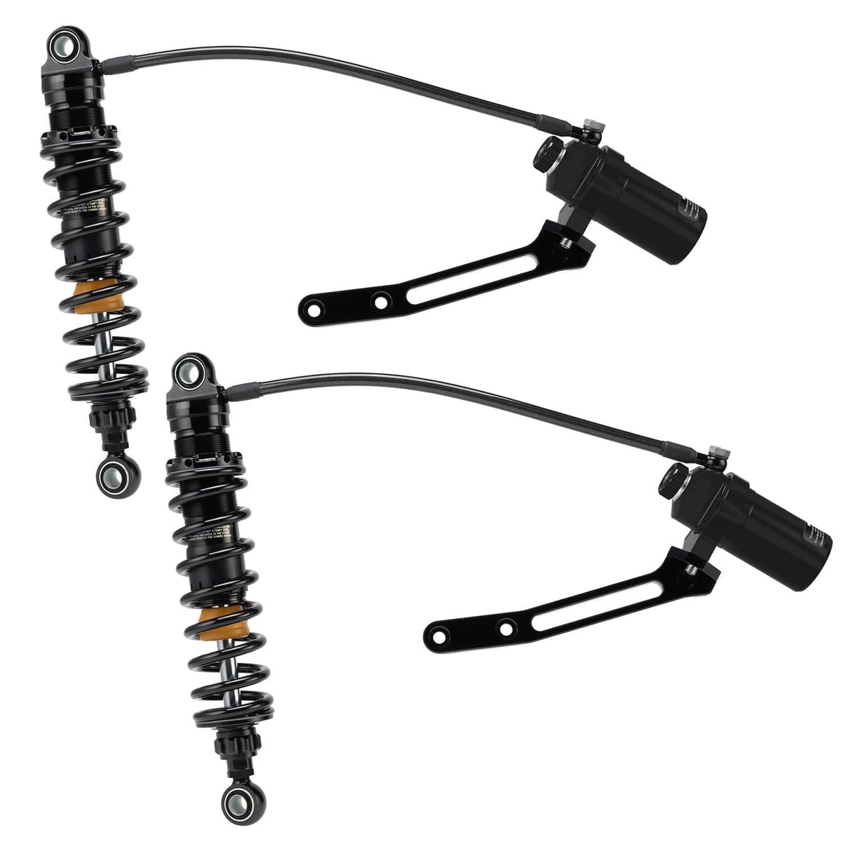 Black remote-reservoir suspension shocks with connecting hoses and mounting brackets