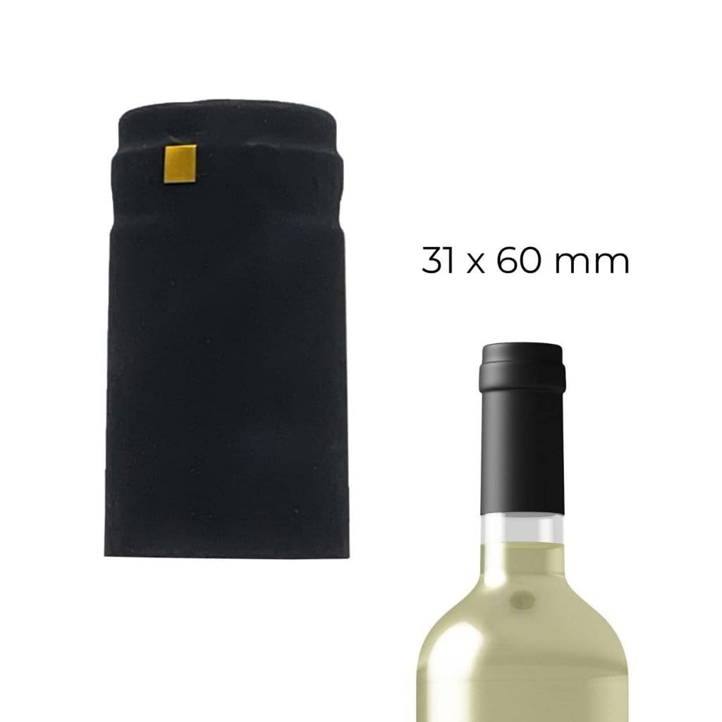 Matte black shrink cap and wine bottle with size 31 x 60 mm shown