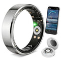 Silver-tone smart fitness tracker ring with green light, plus charging base and display app