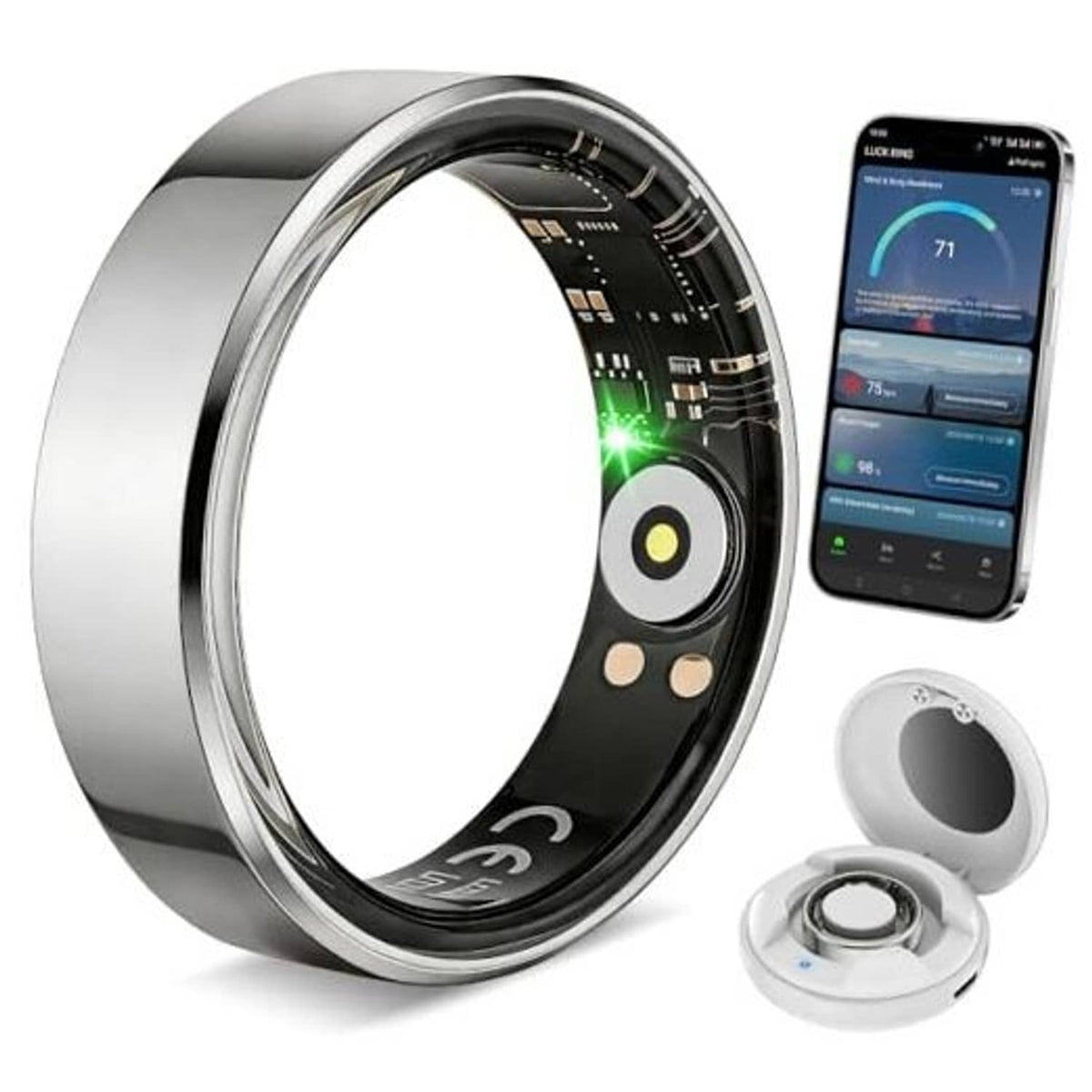 Silver-tone smart fitness tracker ring with green light, plus charging base and display app