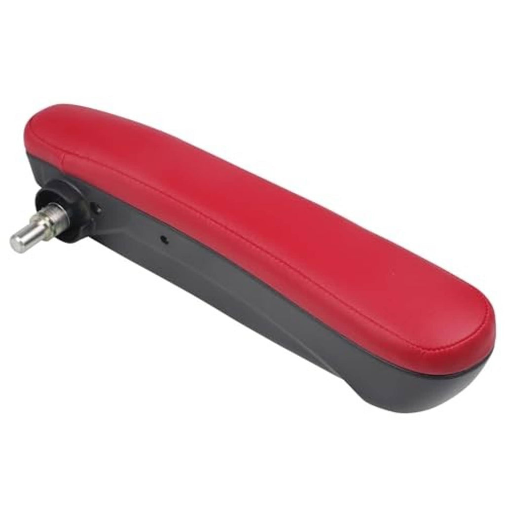 Red padded armrest with black base and threaded adjustment post on the side