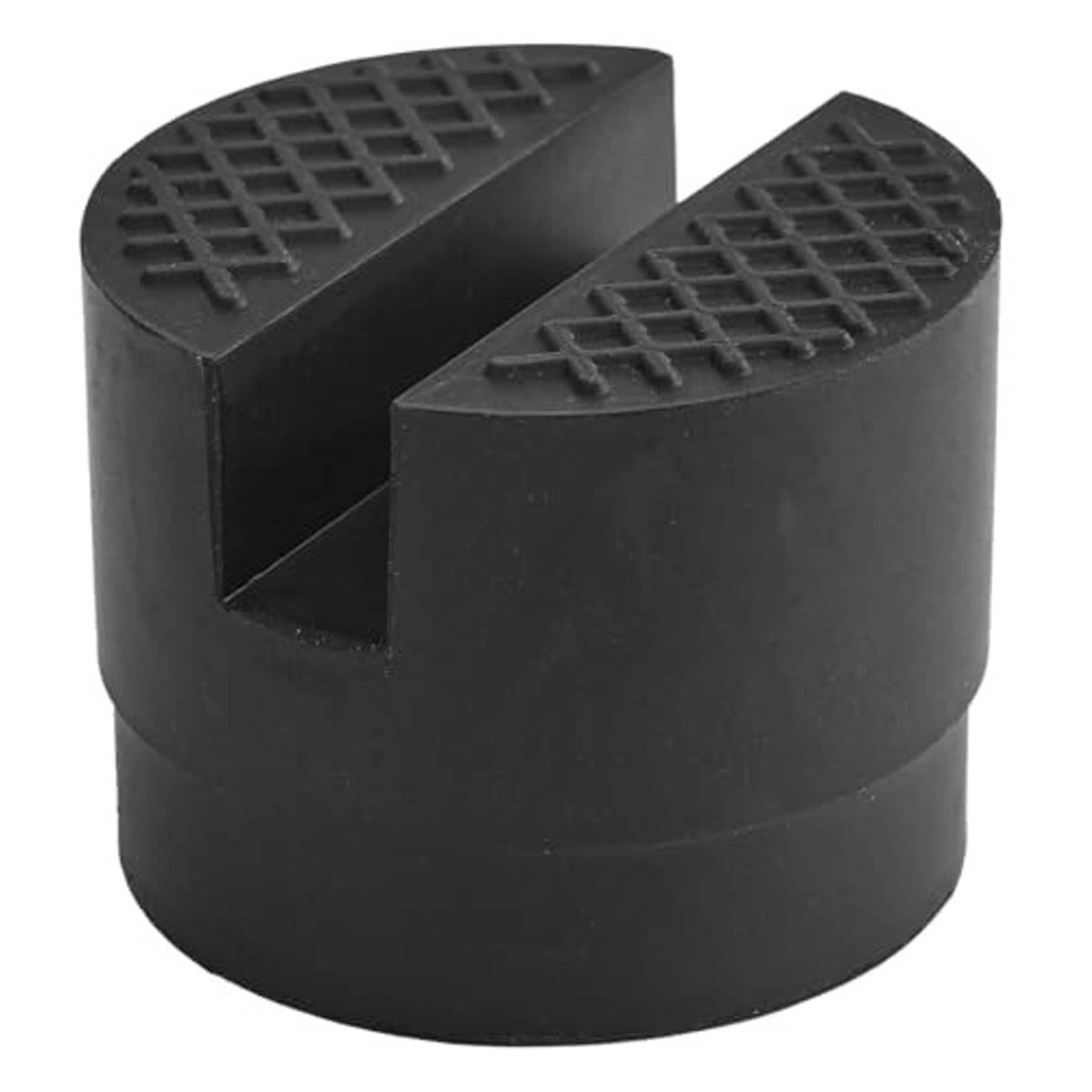 Black rubber jack pad adapter with slotted tread surface and interlocking cup.