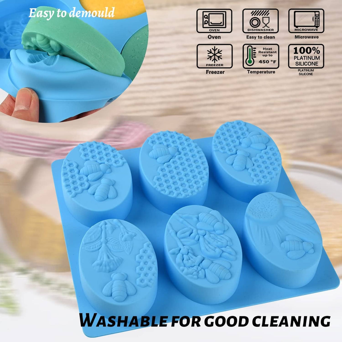Blue silicone honeycomb bee soap molds with oval cavities and raised bee designs