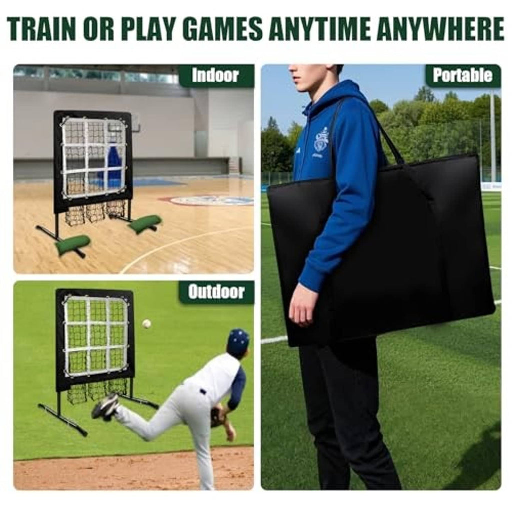 Portable pitching net with strike-zone mesh and large black storage bag