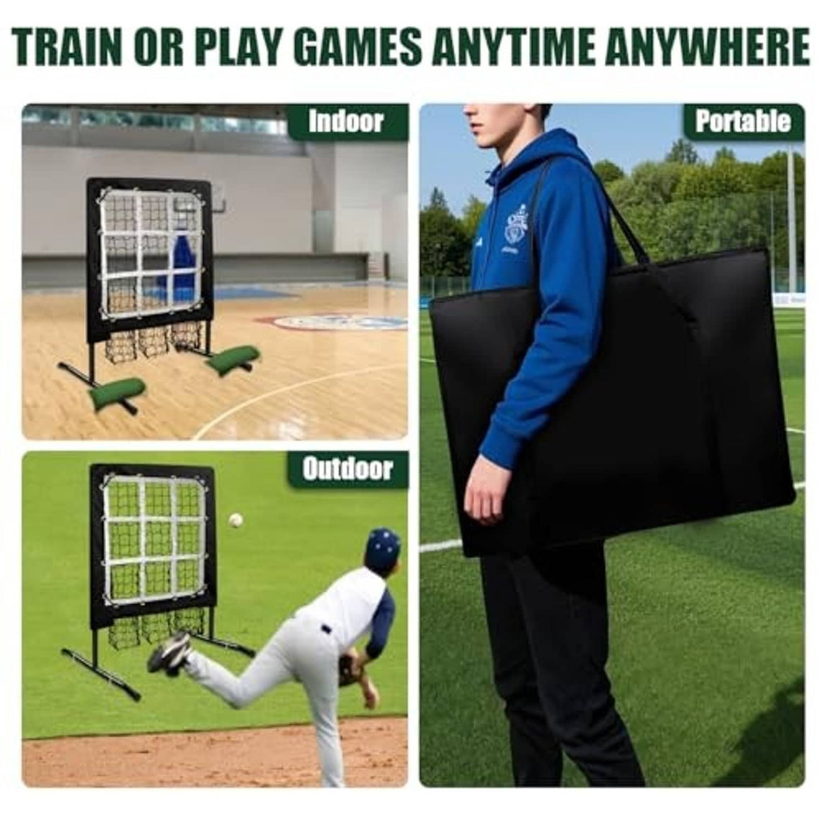 Portable pitching net with strike-zone mesh and large black storage bag