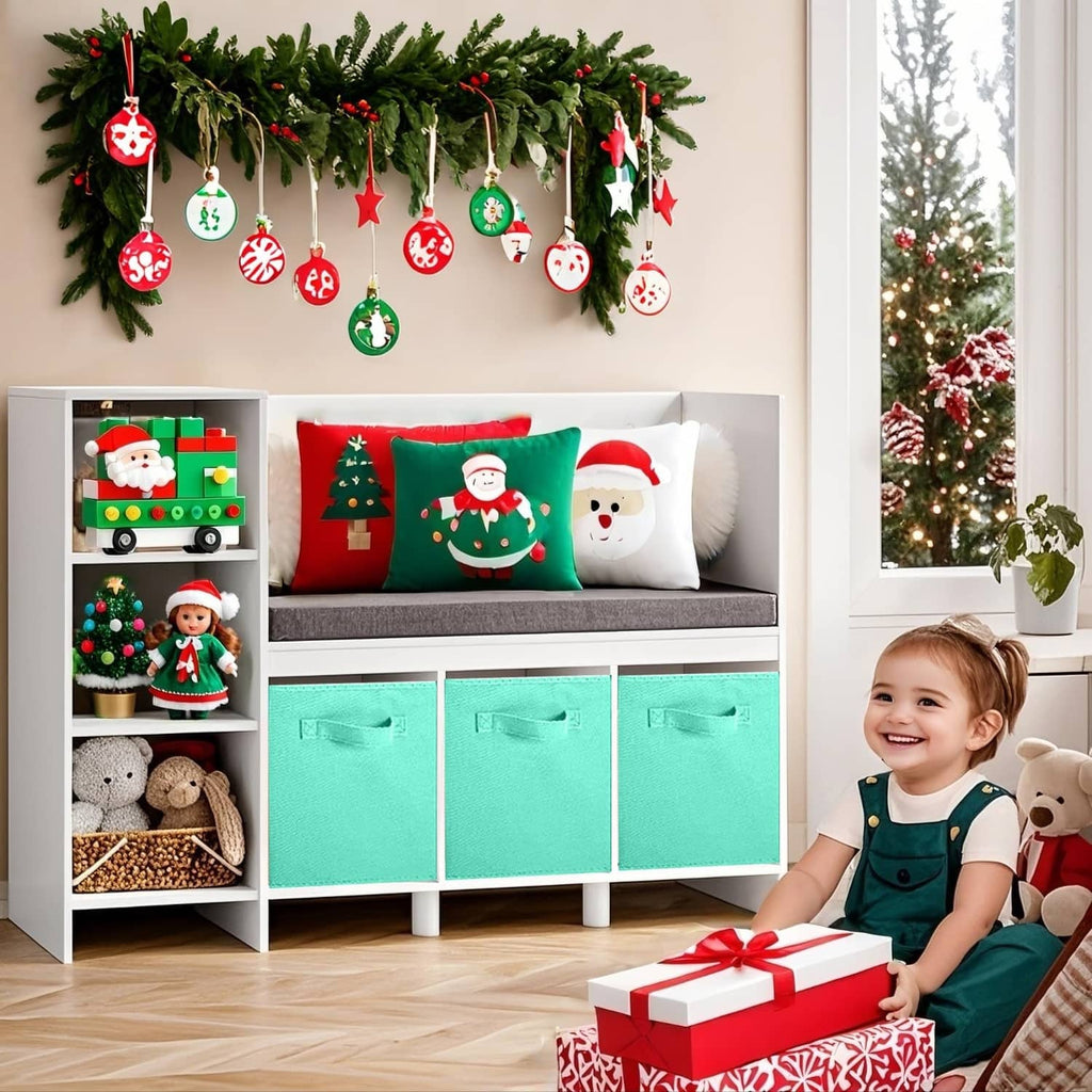 Mint green fabric storage cubes with stitched handles in a storage unit