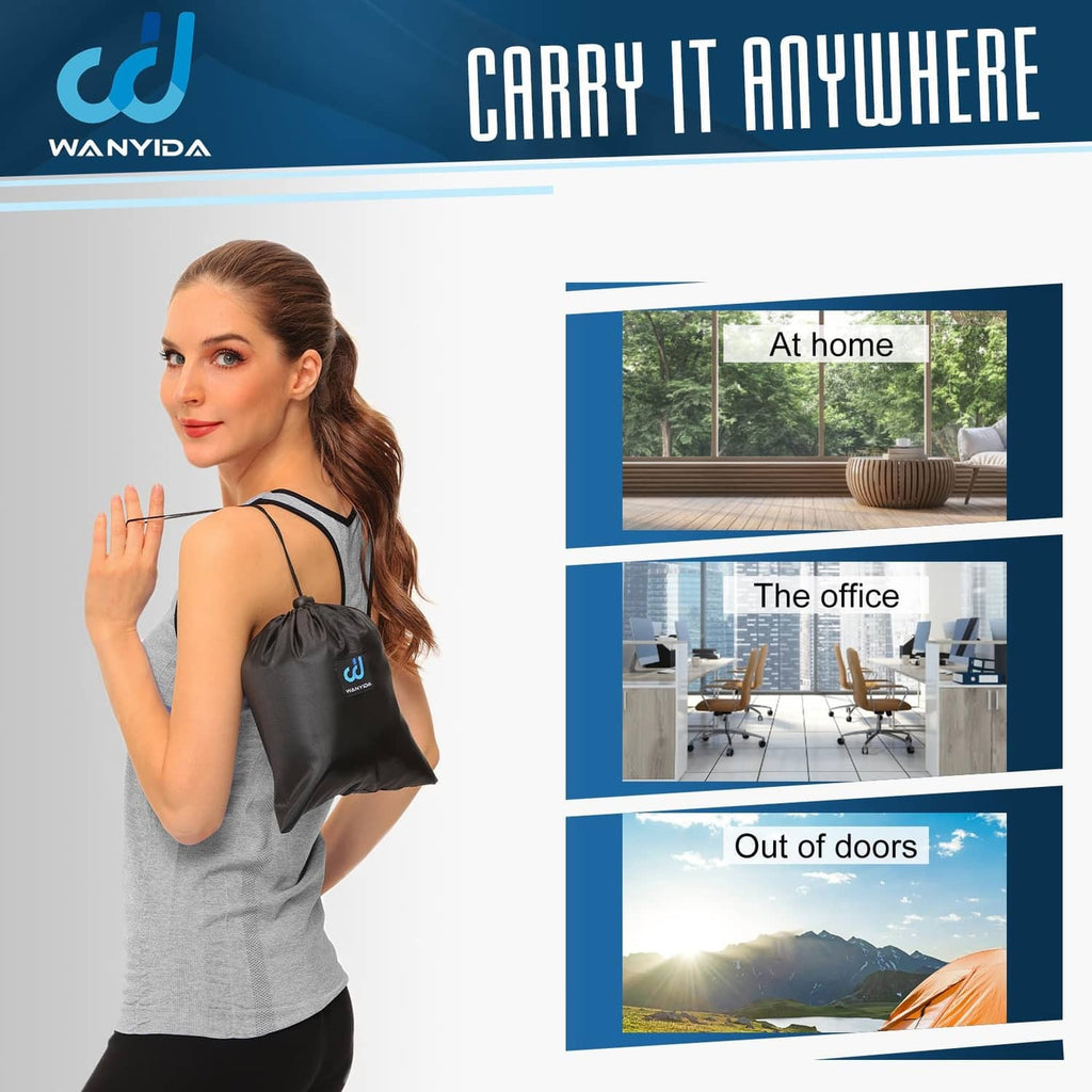 Black foot stretcher carry bag with blue logo, held by woman