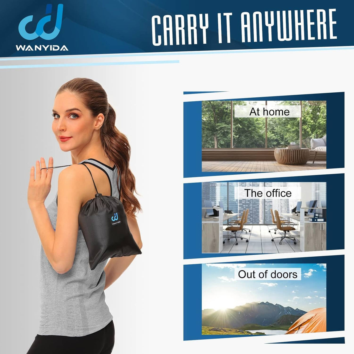 Black foot stretcher carry bag with blue logo, held by woman