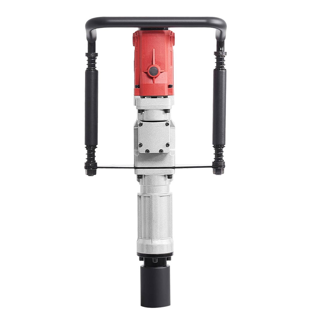 Electric fence post driver with red housing, silver body, and black side handles