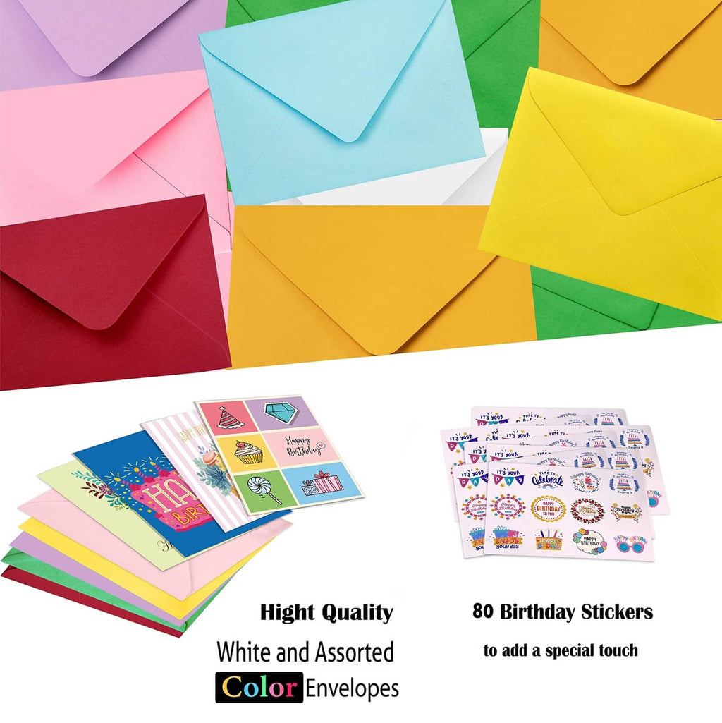 Assorted color envelopes with included birthday sticker sheets for decorating