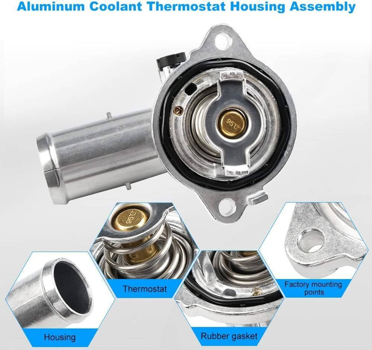 Aluminum coolant thermostat housing assembly with black rubber gasket and flange
