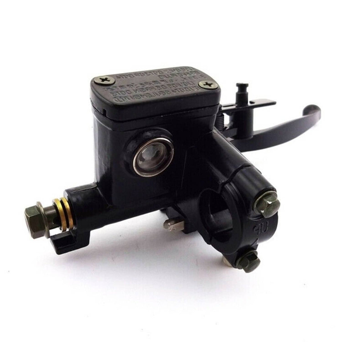 Black brake master cylinder lever with reservoir cap and side mounting bolts
