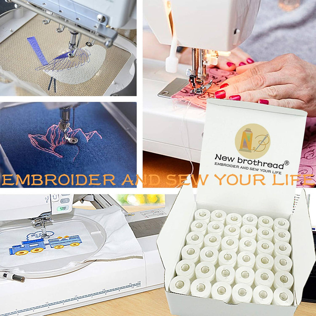New brothread prewound bobbins box with white thread spools, near an embroidery machine