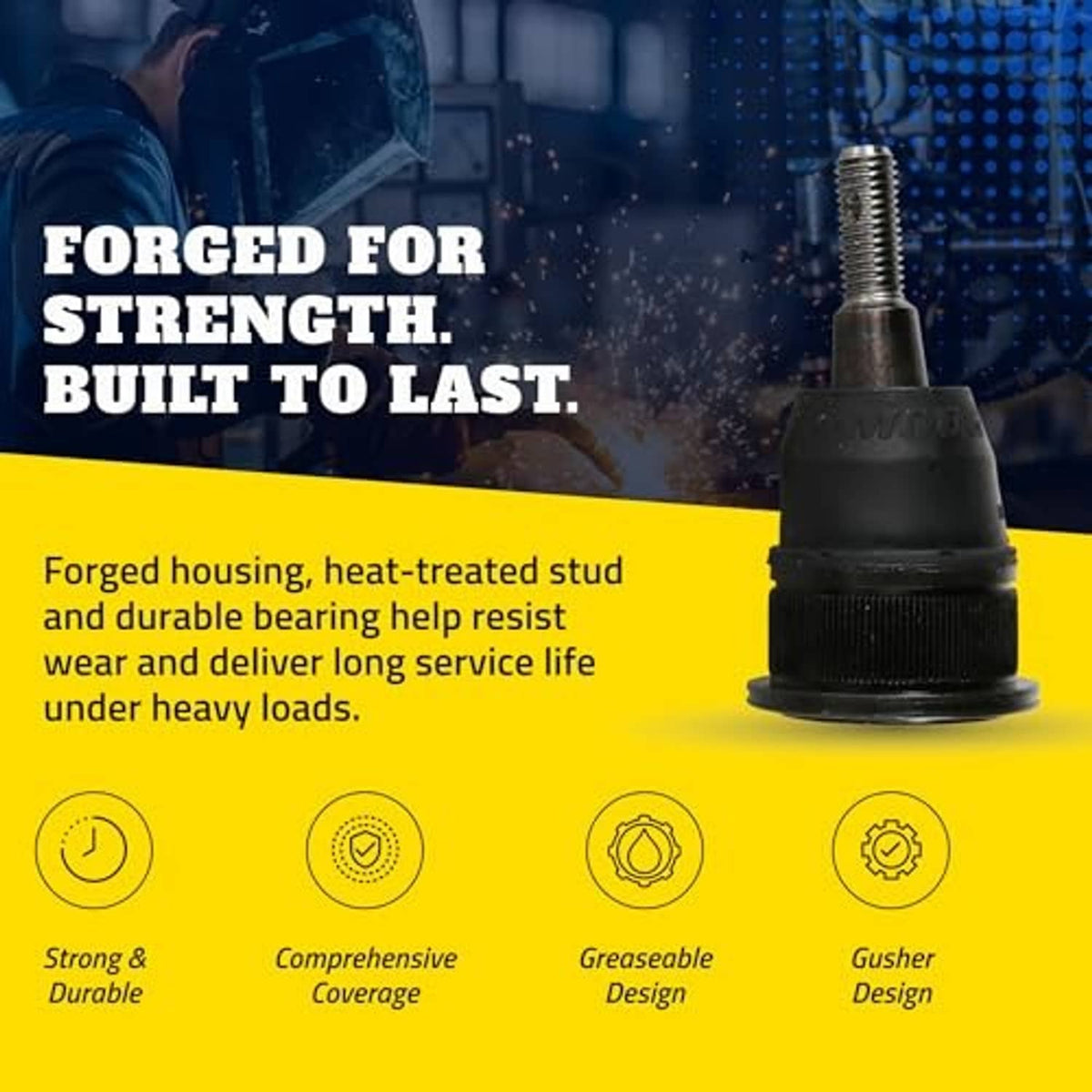 Forged upper ball joint with black rubber boot and threaded stud