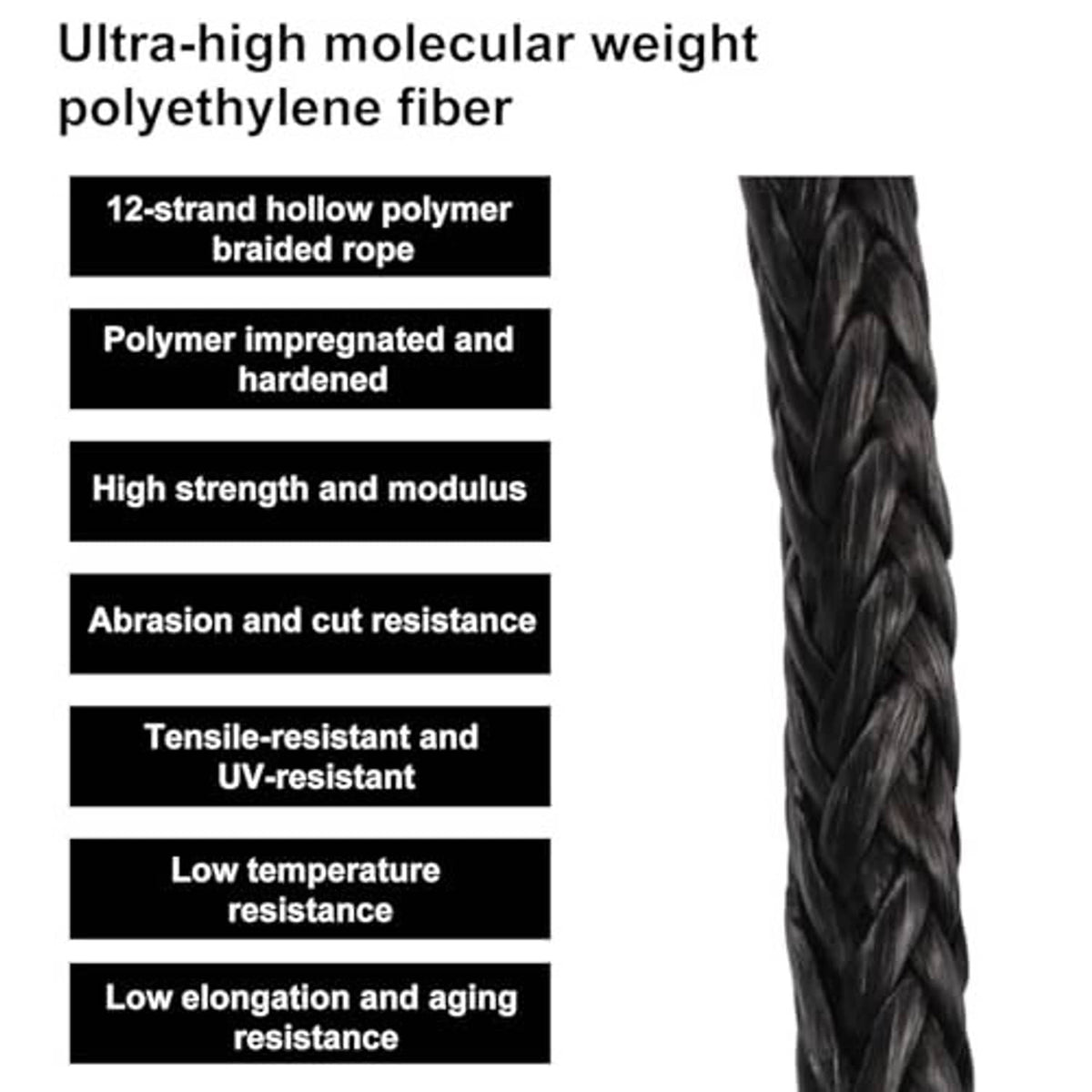 Close-up of twisted braided rope for climbing stick step aid, black fiber texture