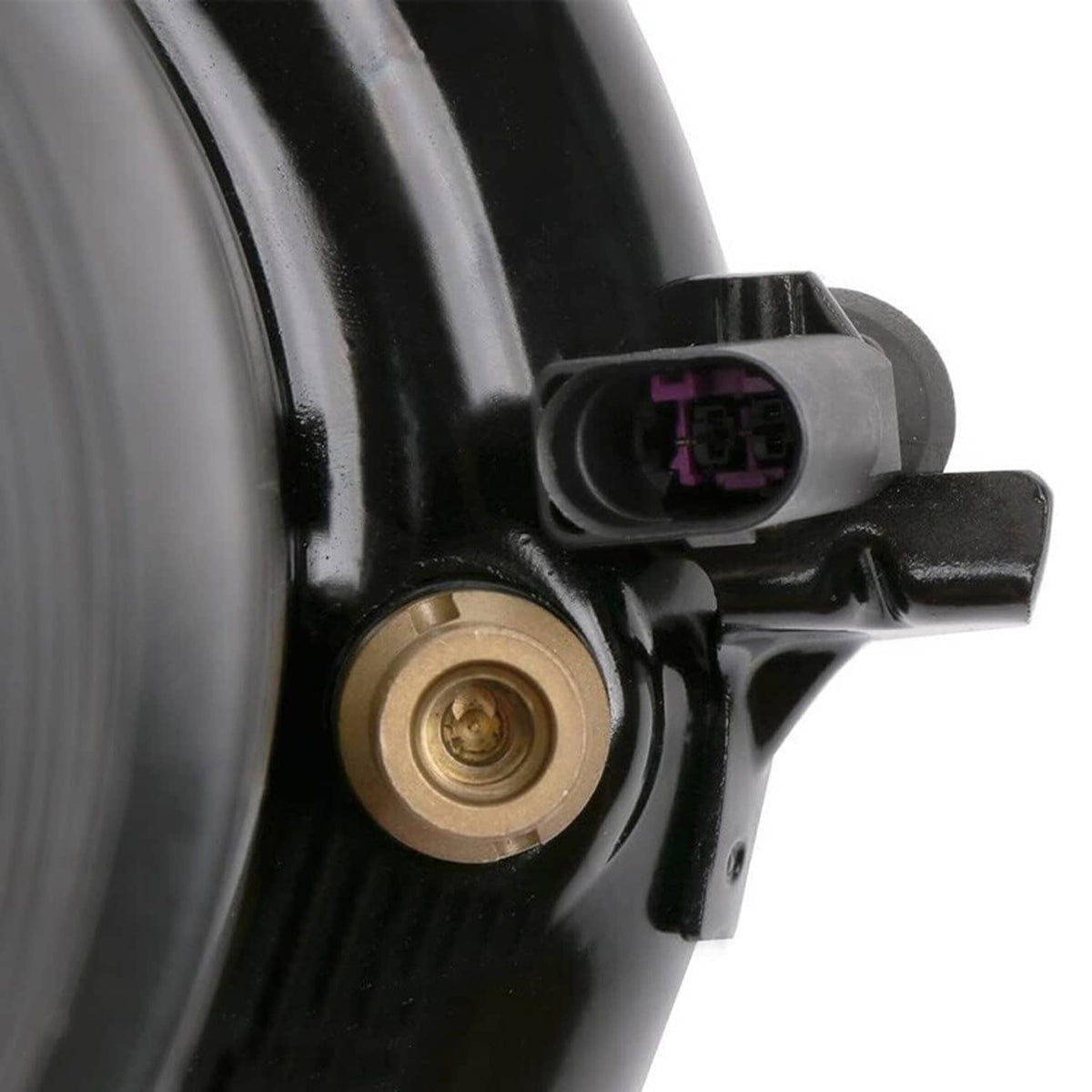 Front air suspension strut connector area with black plastic housing and brass fitting