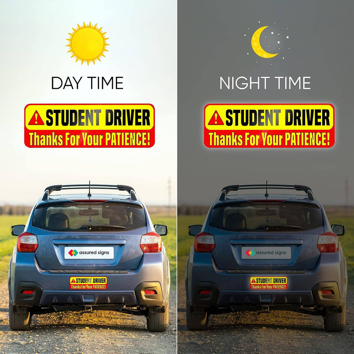 Student Driver magnet sign for day and night use, yellow/red caution design and “Thanks For Your Patience!”