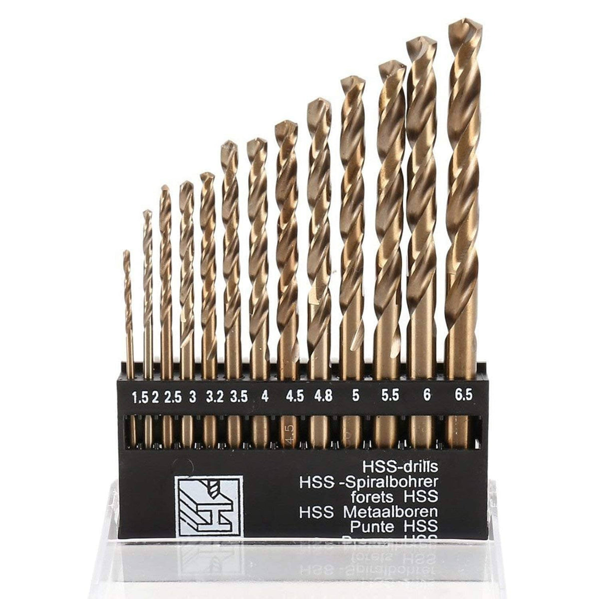 13-piece cobalt spiral drill bit set with gold HSS bits in a clear black tray