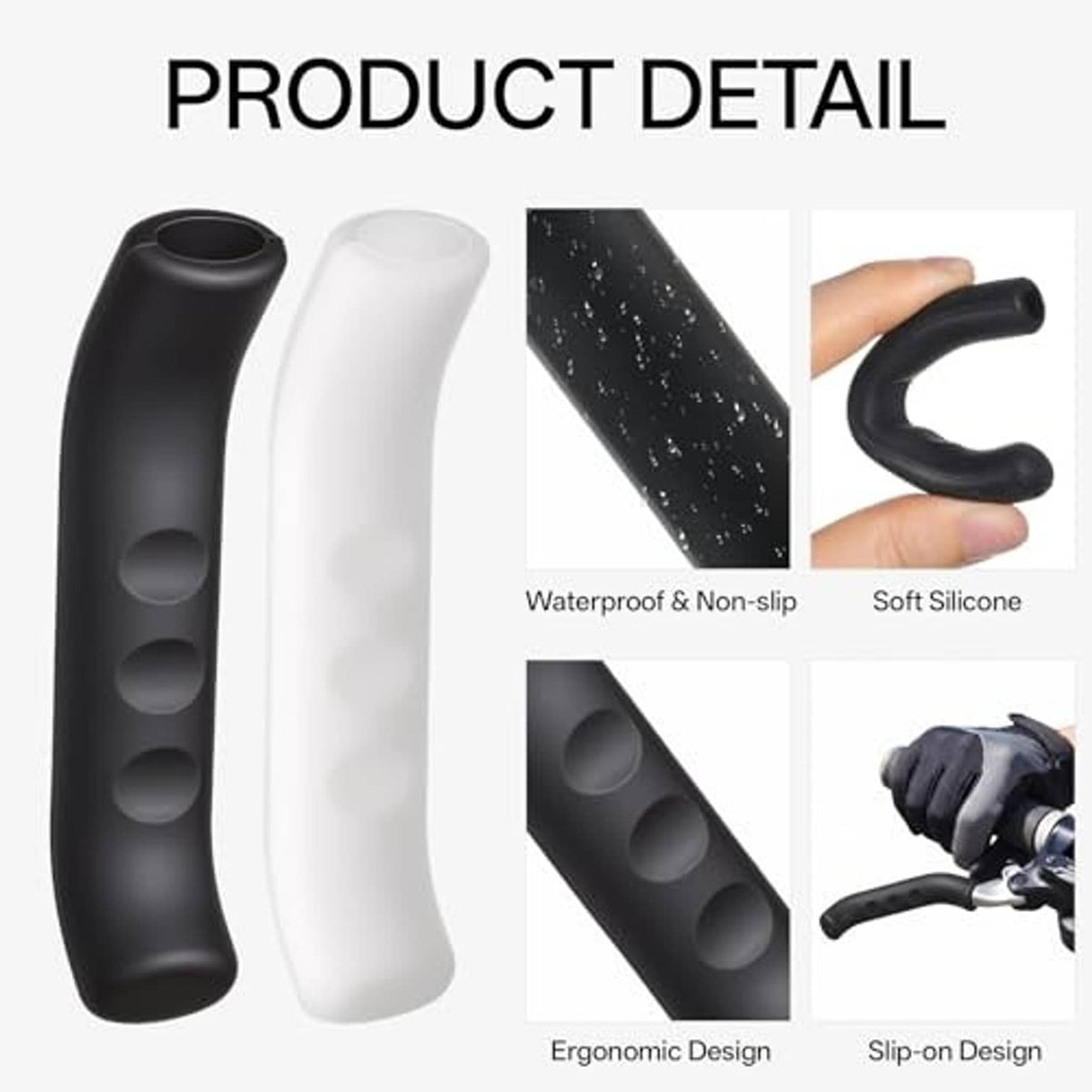 Silicone brake lever covers, black and white sleeves with textured oval grip marks