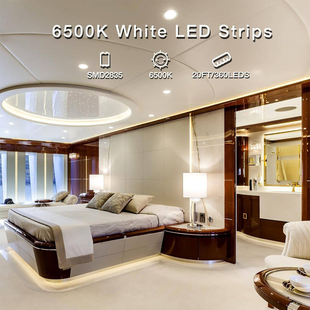 White LED strip lights installed along a ceiling edge for bright room lighting