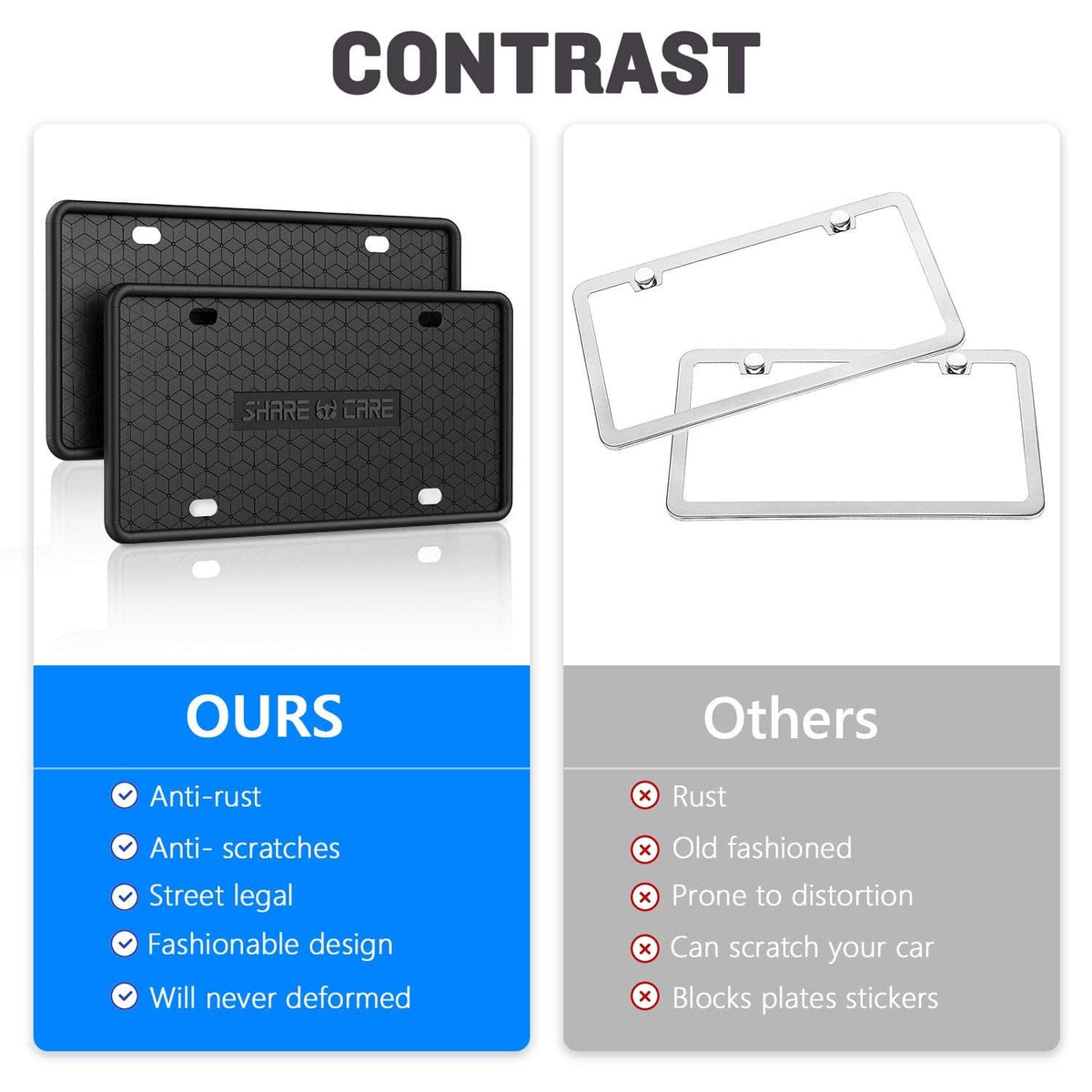 Black silicone license plate frames comparison view, showing anti-rust and anti-scratch.
