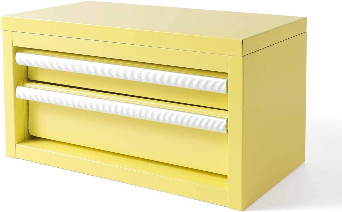 Mini steel tool box in yellow with two front drawers and chrome bar pulls