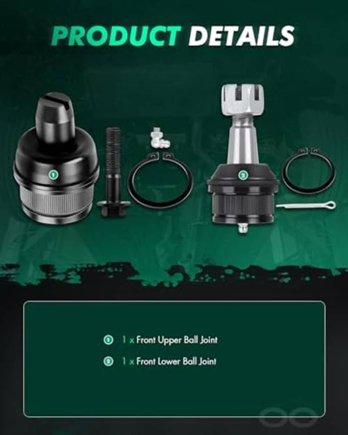 Front upper and lower ball joint kit components with mounting hardware