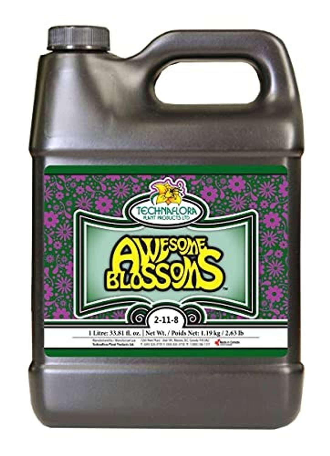 Technaflora Awesome Blossoms liquid fertilizer jug, 1 L, dark gray bottle with label.