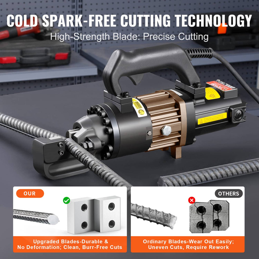 Electric hydraulic rebar cutter cutting head with rebar positioned in jaws
