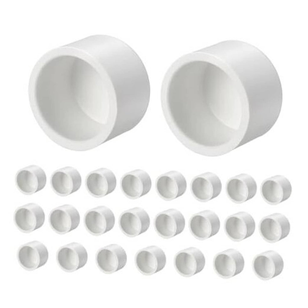 White PVC external end cap fitting, 1 in socket, smooth round opening