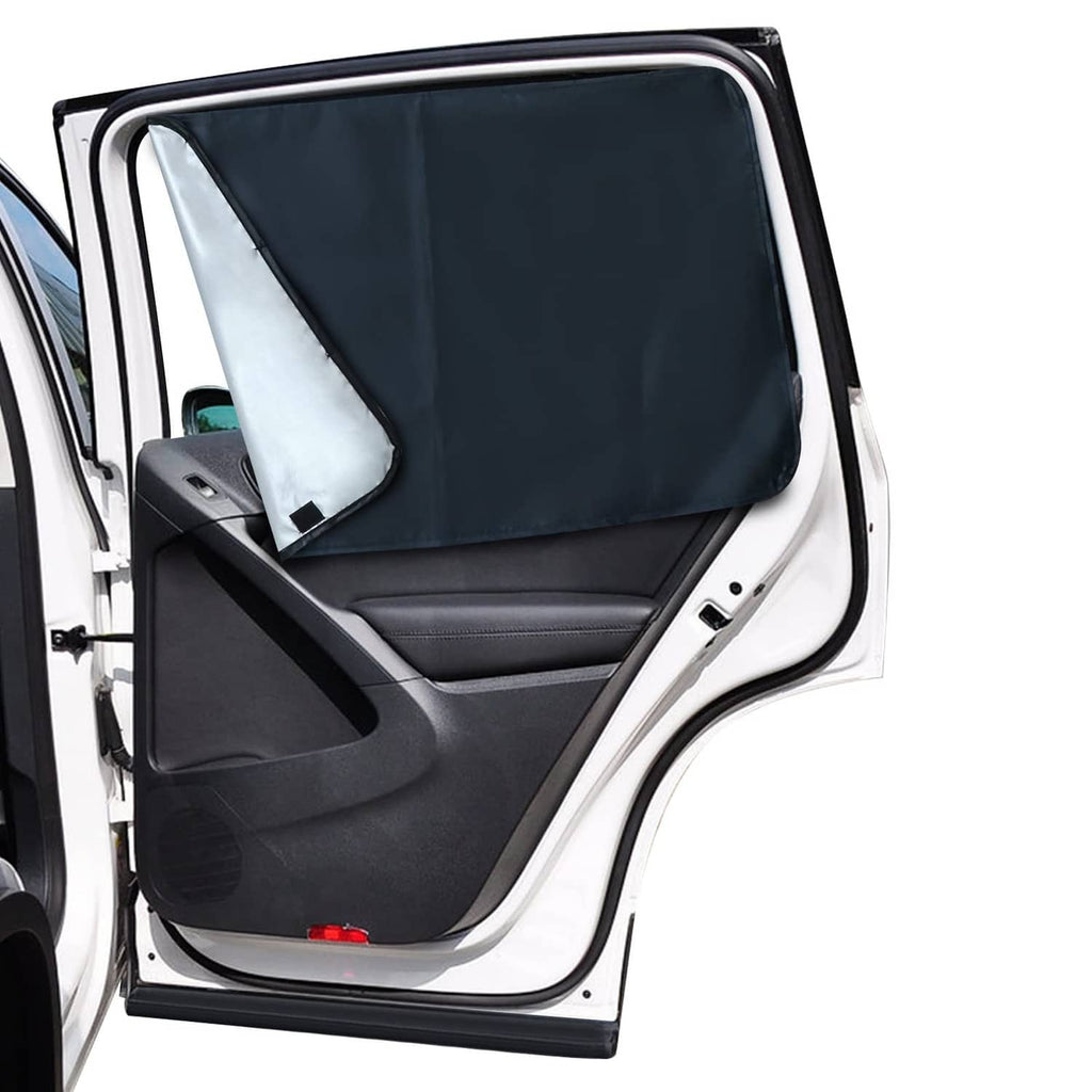 Black side car window shade set, fabric panels installed on front door