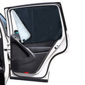Black side car window shade set, fabric panels installed on front door