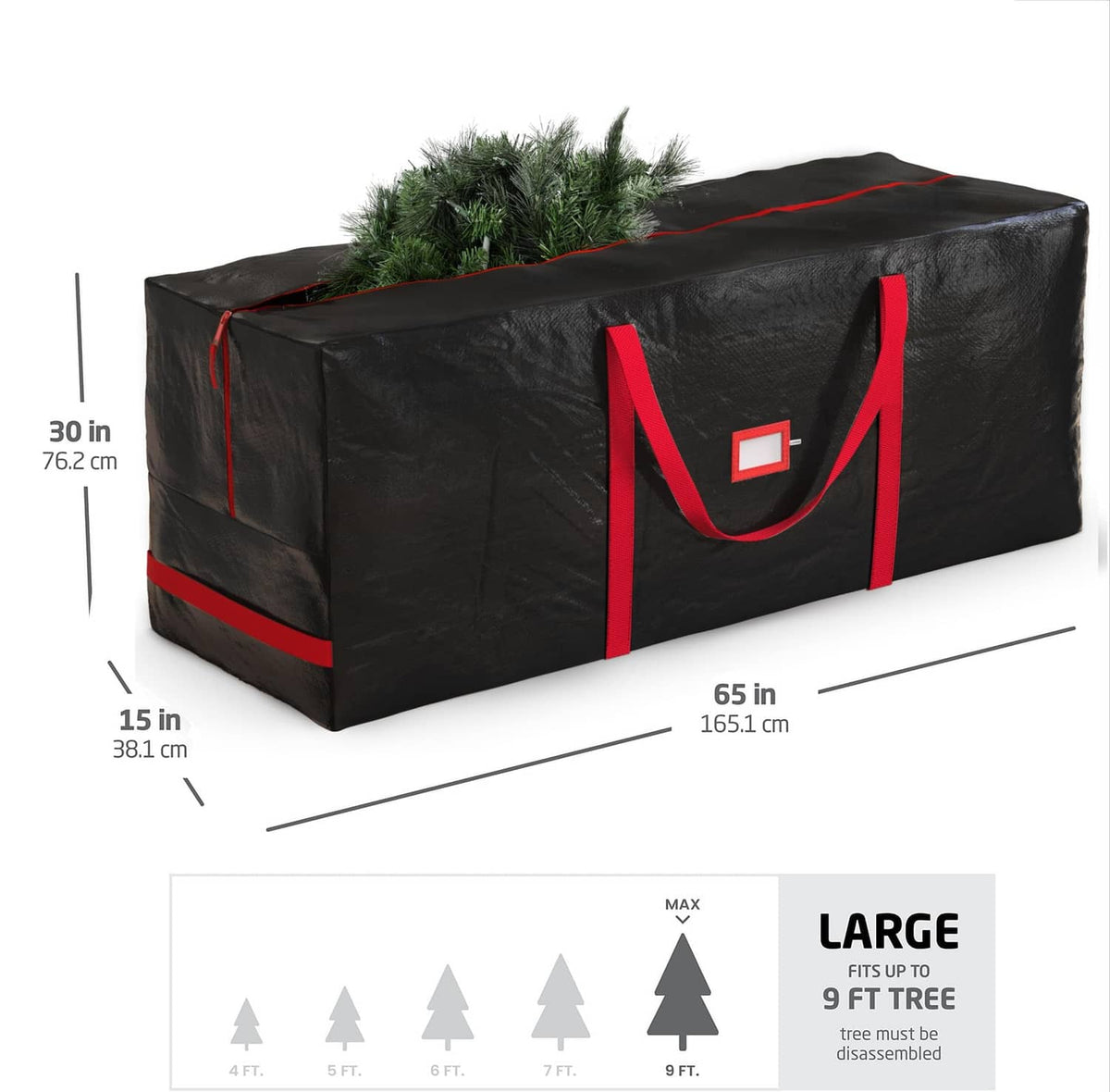 Large black Christmas tree storage bag with red handles and size dimensions