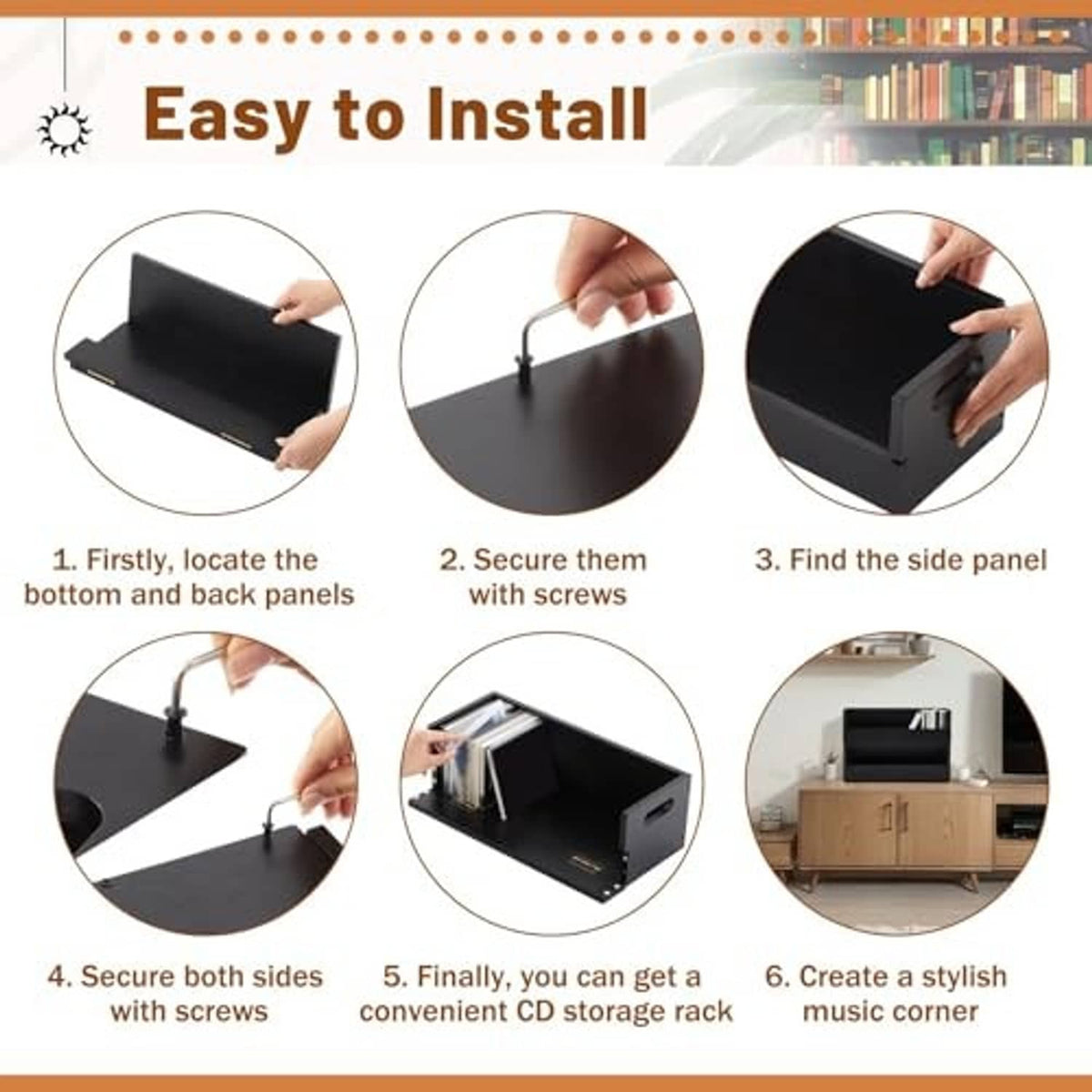 Black CD storage rack installation steps showing panels and side placement