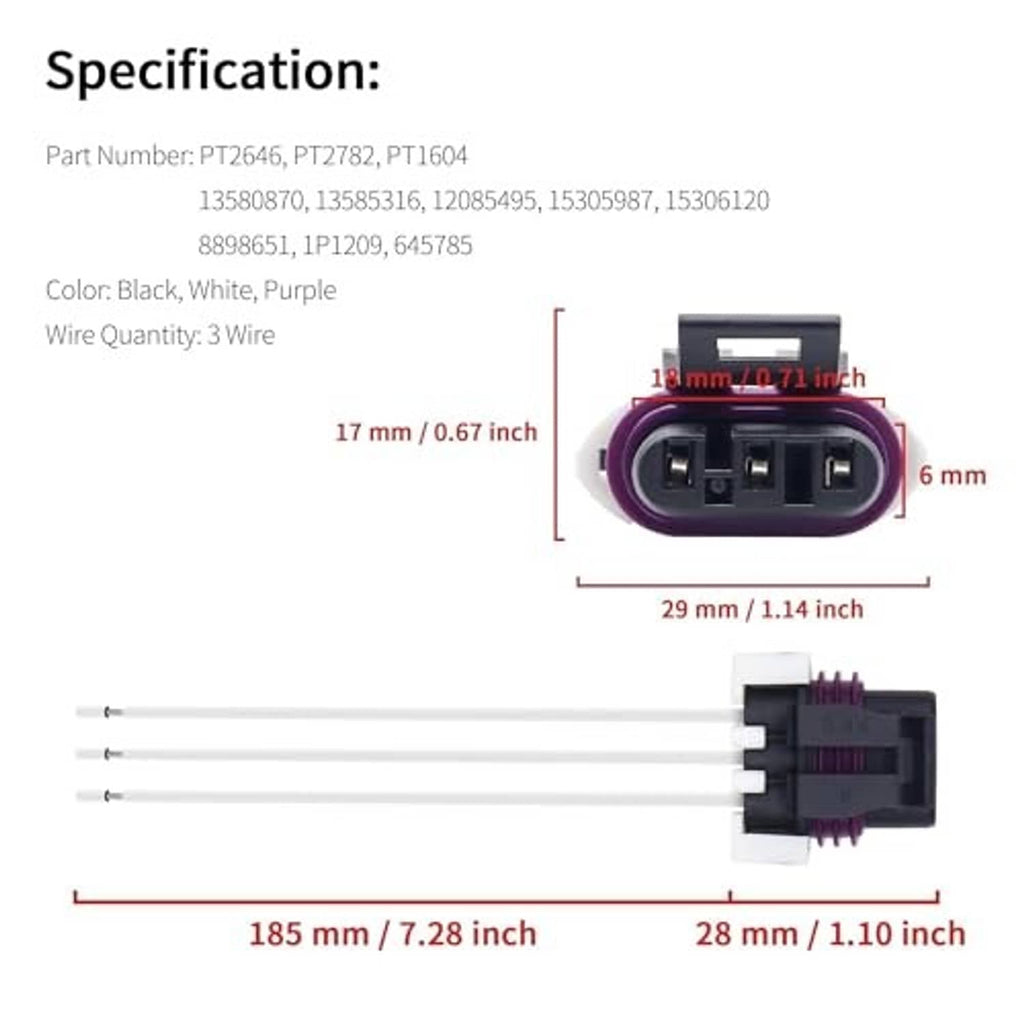 3-wire crank sensor pigtail plug with purple housing and white wires; size diagram