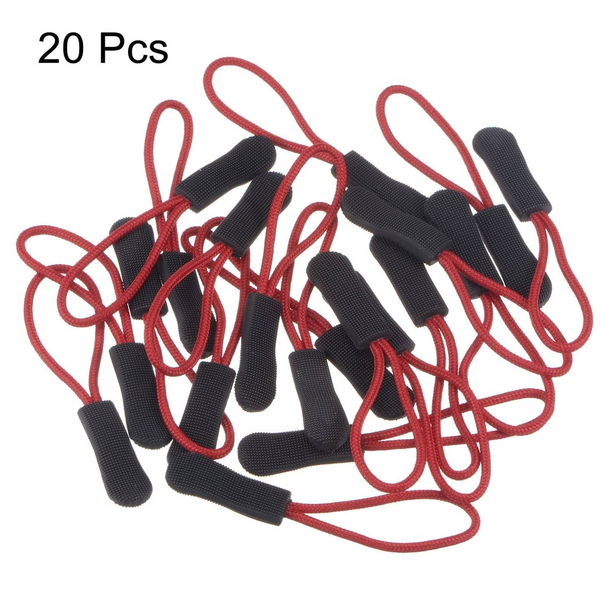 Bundle of black zipper pull replacements with red cords, textured pull tabs