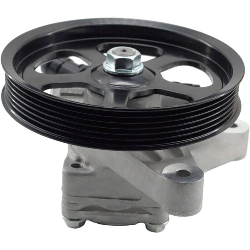 Power steering pump with black pulley and silver housing, viewed from the front-left side.